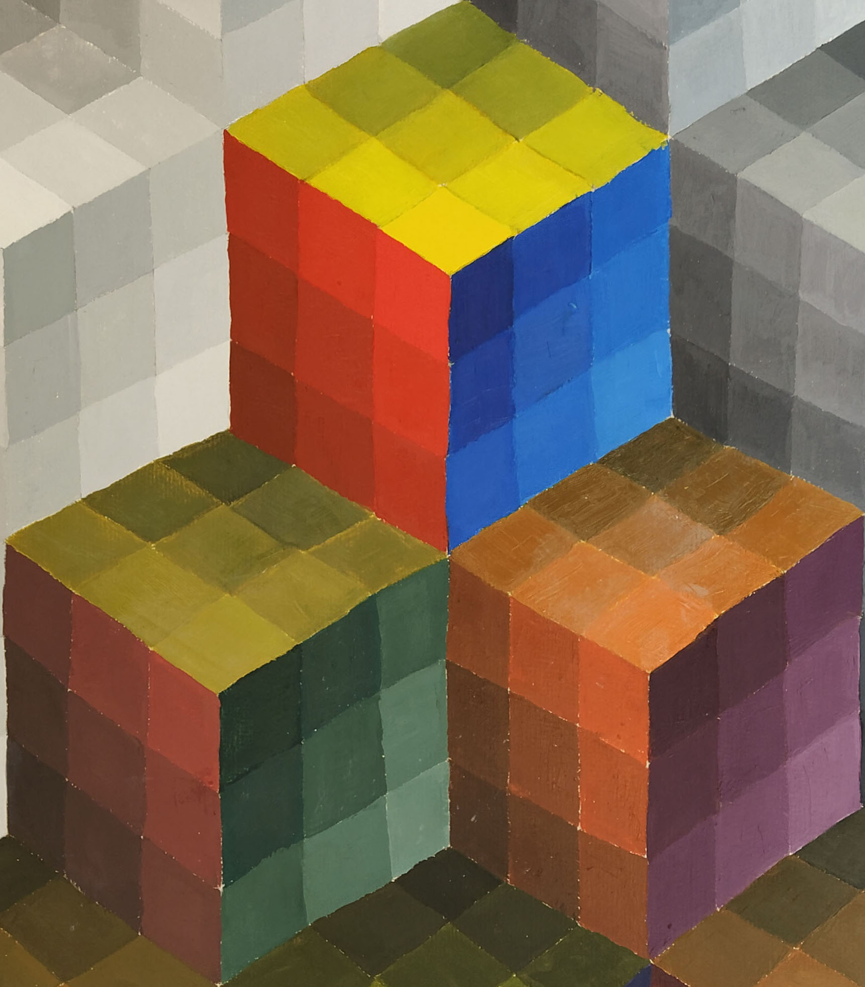 Geometrinė abstrakcija: trys spalvų kubai iš mažų kvadratėlių